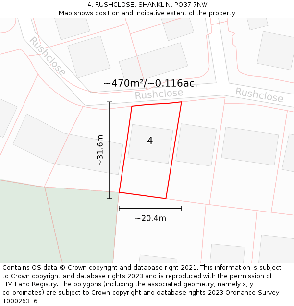 4, RUSHCLOSE, SHANKLIN, PO37 7NW: Plot and title map