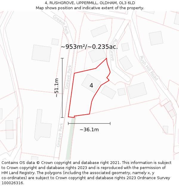 4, RUSHGROVE, UPPERMILL, OLDHAM, OL3 6LD: Plot and title map
