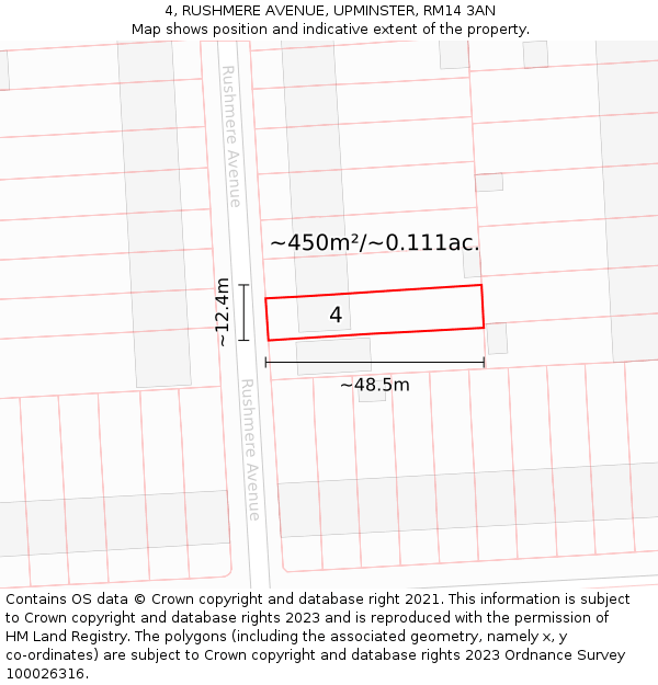 4, RUSHMERE AVENUE, UPMINSTER, RM14 3AN: Plot and title map