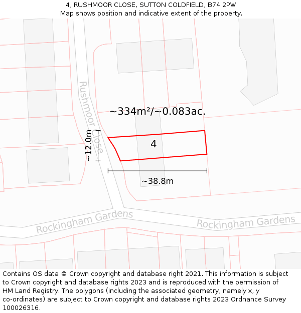 4, RUSHMOOR CLOSE, SUTTON COLDFIELD, B74 2PW: Plot and title map