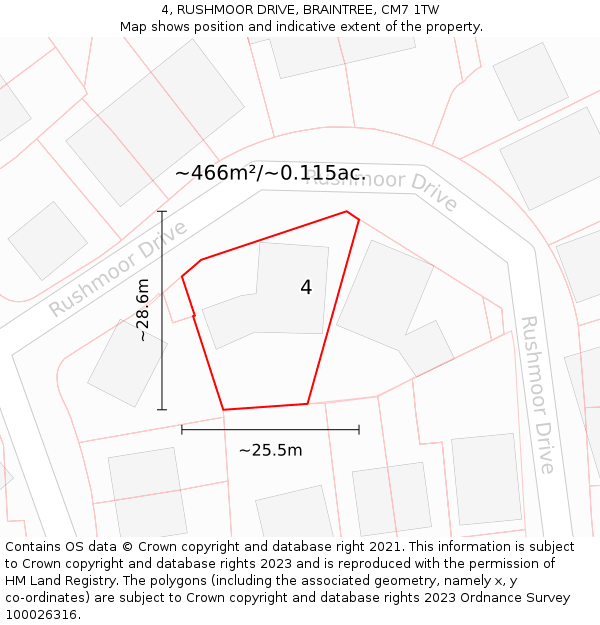 4, RUSHMOOR DRIVE, BRAINTREE, CM7 1TW: Plot and title map