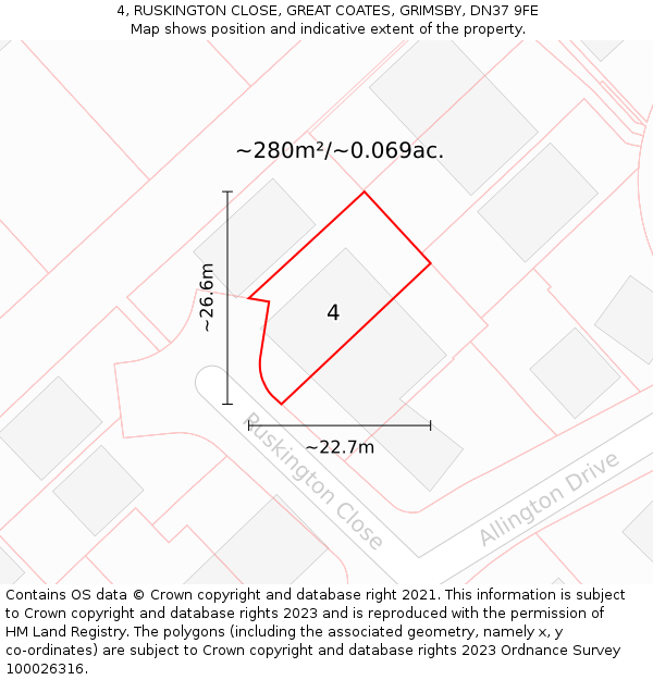 4, RUSKINGTON CLOSE, GREAT COATES, GRIMSBY, DN37 9FE: Plot and title map