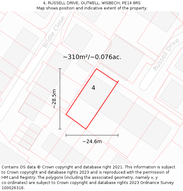 4, RUSSELL DRIVE, OUTWELL, WISBECH, PE14 8RS: Plot and title map