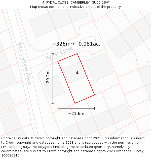 4, RYDAL CLOSE, CAMBERLEY, GU15 1SW: Plot and title map
