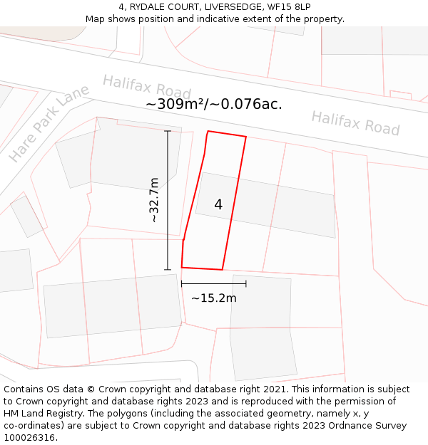 4, RYDALE COURT, LIVERSEDGE, WF15 8LP: Plot and title map