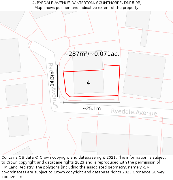 4, RYEDALE AVENUE, WINTERTON, SCUNTHORPE, DN15 9BJ: Plot and title map