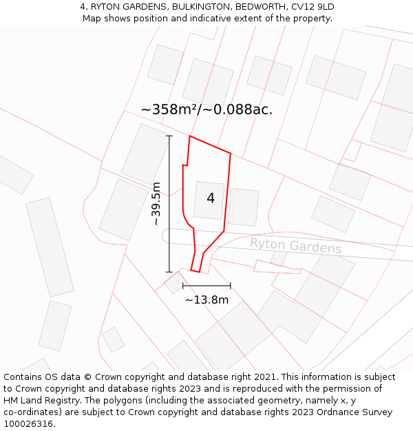 4, RYTON GARDENS, BULKINGTON, BEDWORTH, CV12 9LD: Plot and title map