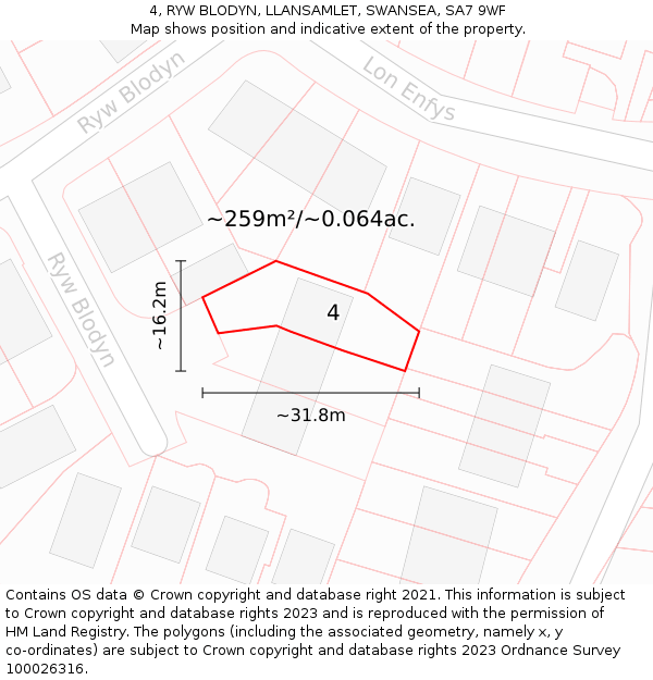 4, RYW BLODYN, LLANSAMLET, SWANSEA, SA7 9WF: Plot and title map