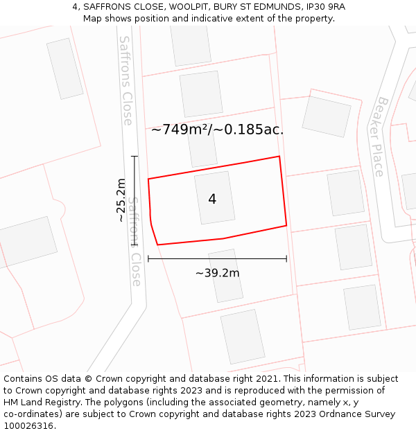 4, SAFFRONS CLOSE, WOOLPIT, BURY ST EDMUNDS, IP30 9RA: Plot and title map