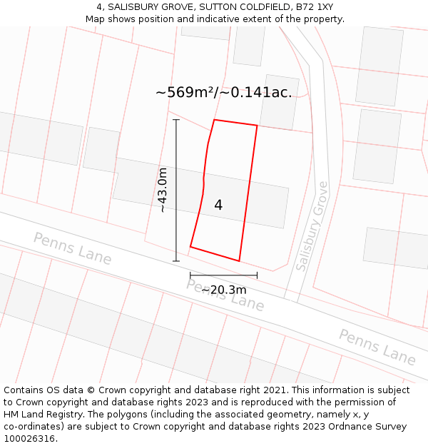 4, SALISBURY GROVE, SUTTON COLDFIELD, B72 1XY: Plot and title map