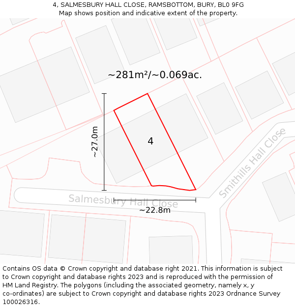4, SALMESBURY HALL CLOSE, RAMSBOTTOM, BURY, BL0 9FG: Plot and title map