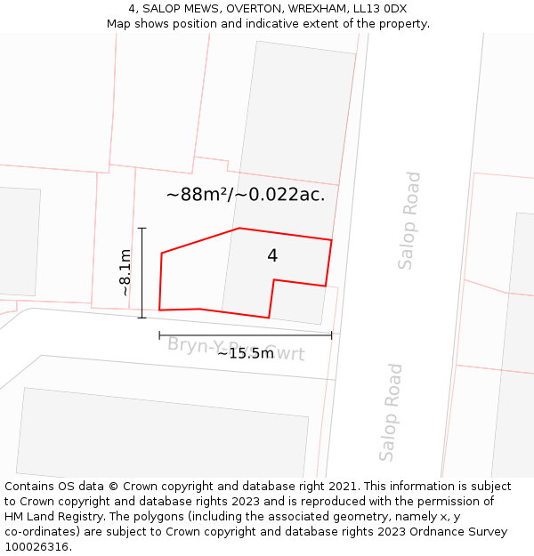 4, SALOP MEWS, OVERTON, WREXHAM, LL13 0DX: Plot and title map