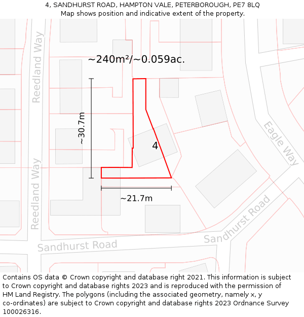 4, SANDHURST ROAD, HAMPTON VALE, PETERBOROUGH, PE7 8LQ: Plot and title map