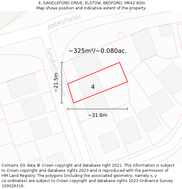 4, SANDLEFORD DRIVE, ELSTOW, BEDFORD, MK42 9GN: Plot and title map