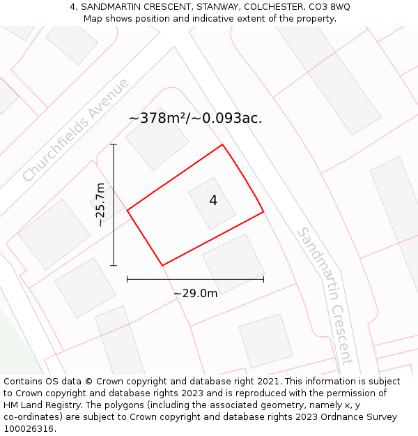 4, SANDMARTIN CRESCENT, STANWAY, COLCHESTER, CO3 8WQ: Plot and title map