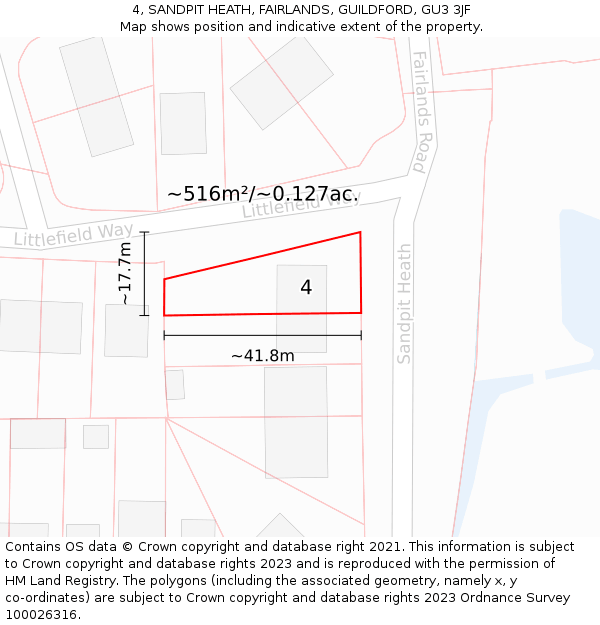 4, SANDPIT HEATH, FAIRLANDS, GUILDFORD, GU3 3JF: Plot and title map