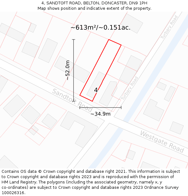 4, SANDTOFT ROAD, BELTON, DONCASTER, DN9 1PH: Plot and title map