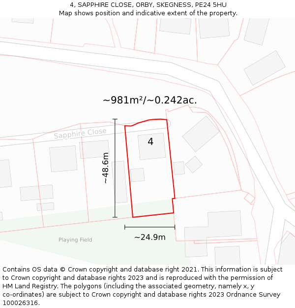 4, SAPPHIRE CLOSE, ORBY, SKEGNESS, PE24 5HU: Plot and title map