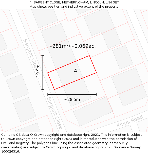 4, SARGENT CLOSE, METHERINGHAM, LINCOLN, LN4 3ET: Plot and title map