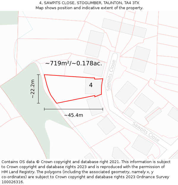 4, SAWPITS CLOSE, STOGUMBER, TAUNTON, TA4 3TX: Plot and title map