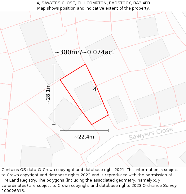 4, SAWYERS CLOSE, CHILCOMPTON, RADSTOCK, BA3 4FB: Plot and title map