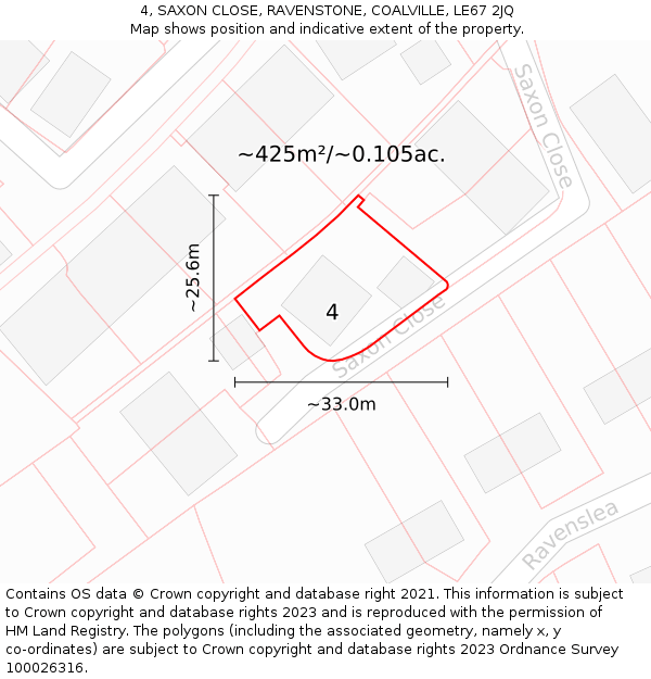 4, SAXON CLOSE, RAVENSTONE, COALVILLE, LE67 2JQ: Plot and title map
