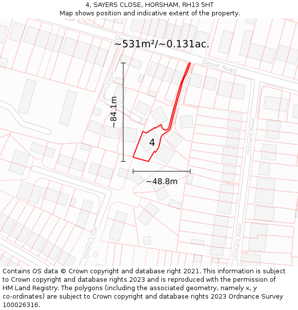 4, SAYERS CLOSE, HORSHAM, RH13 5HT: Plot and title map