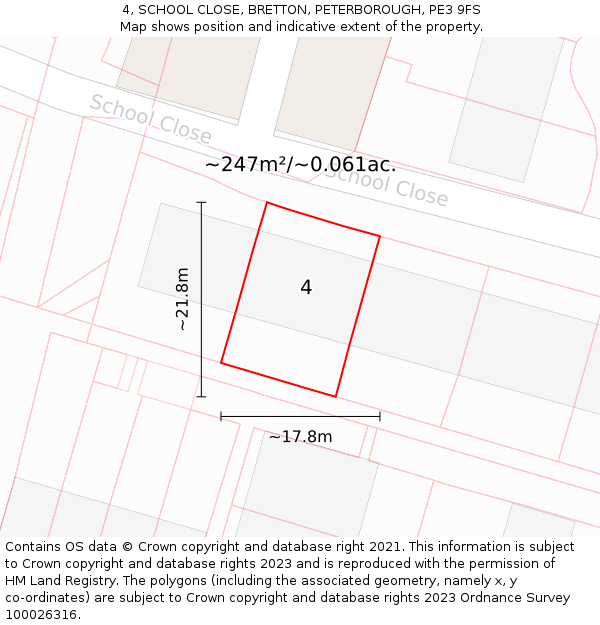 4, SCHOOL CLOSE, BRETTON, PETERBOROUGH, PE3 9FS: Plot and title map