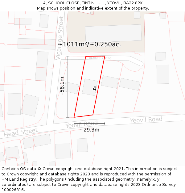 4, SCHOOL CLOSE, TINTINHULL, YEOVIL, BA22 8PX: Plot and title map