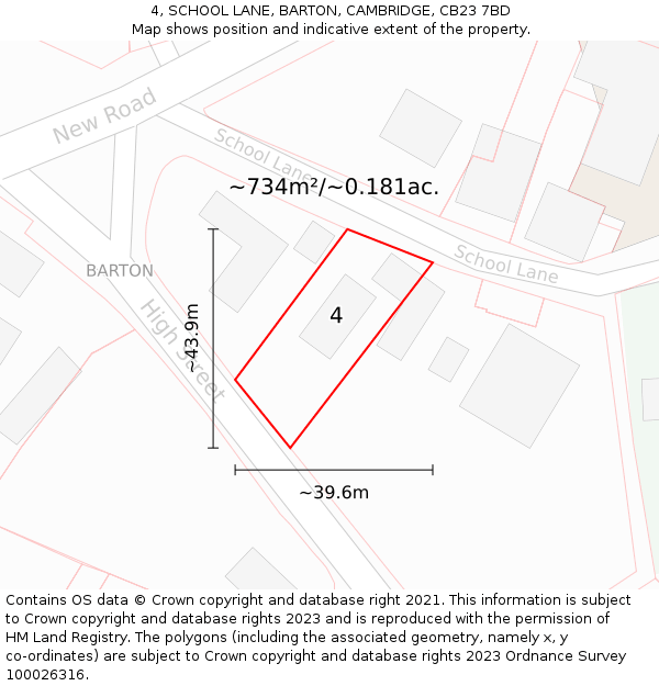 4, SCHOOL LANE, BARTON, CAMBRIDGE, CB23 7BD: Plot and title map