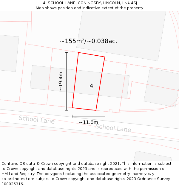 4, SCHOOL LANE, CONINGSBY, LINCOLN, LN4 4SJ: Plot and title map