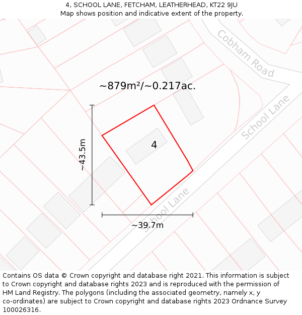4, SCHOOL LANE, FETCHAM, LEATHERHEAD, KT22 9JU: Plot and title map