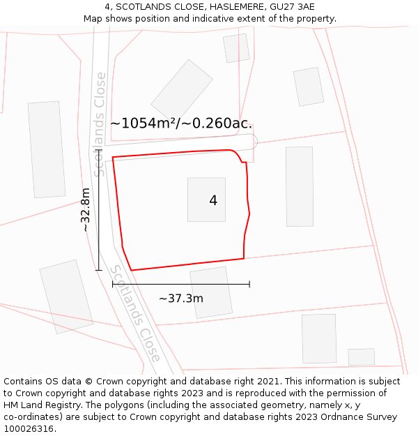 4, SCOTLANDS CLOSE, HASLEMERE, GU27 3AE: Plot and title map