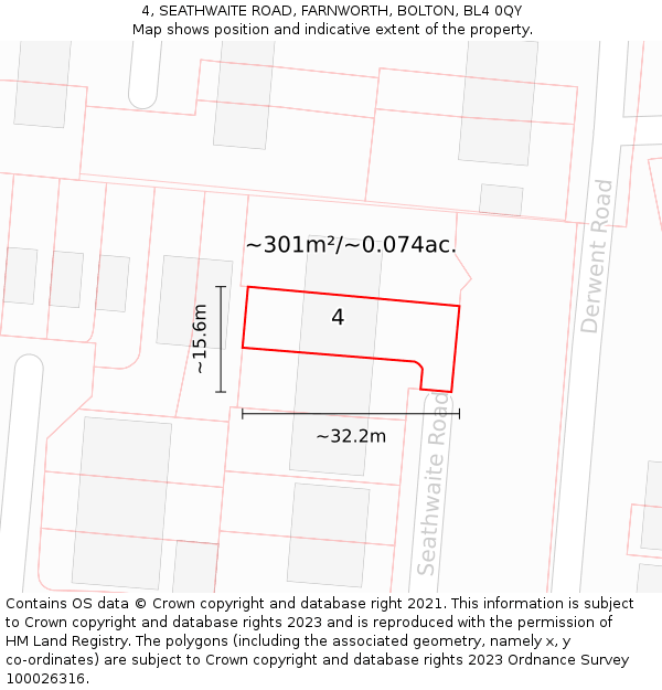 4, SEATHWAITE ROAD, FARNWORTH, BOLTON, BL4 0QY: Plot and title map