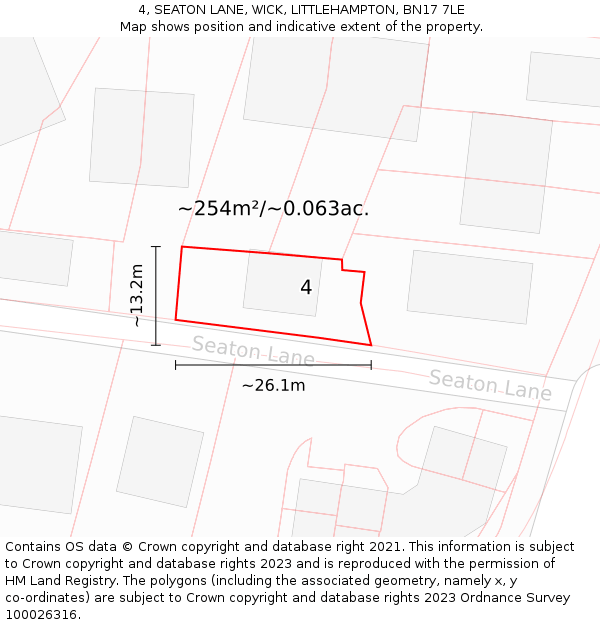 4, SEATON LANE, WICK, LITTLEHAMPTON, BN17 7LE: Plot and title map