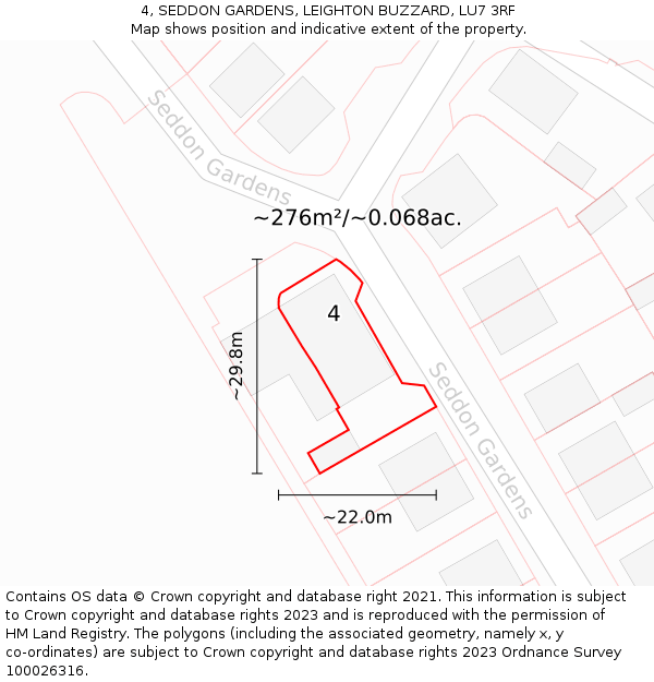 4, SEDDON GARDENS, LEIGHTON BUZZARD, LU7 3RF: Plot and title map