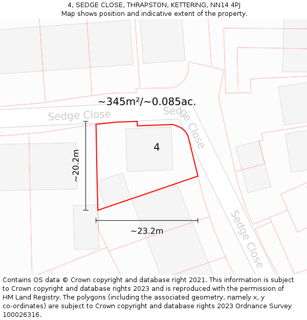 4, SEDGE CLOSE, THRAPSTON, KETTERING, NN14 4PJ: Plot and title map