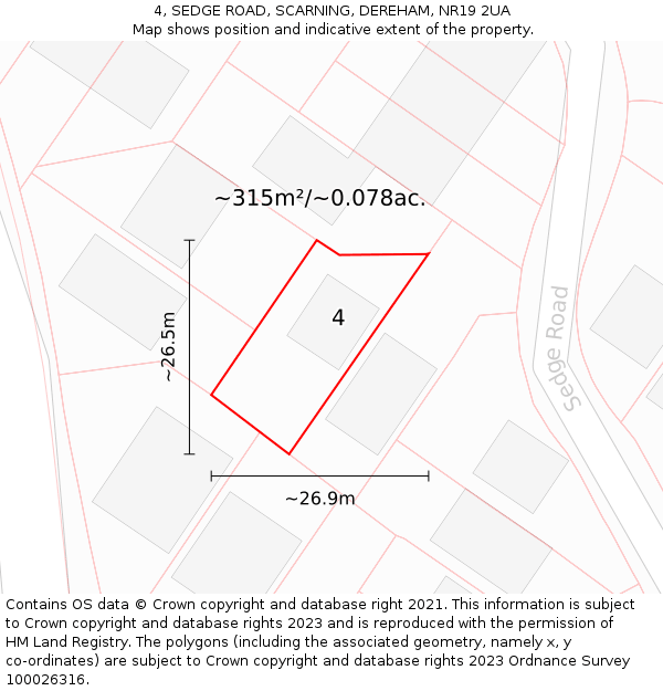 4, SEDGE ROAD, SCARNING, DEREHAM, NR19 2UA: Plot and title map