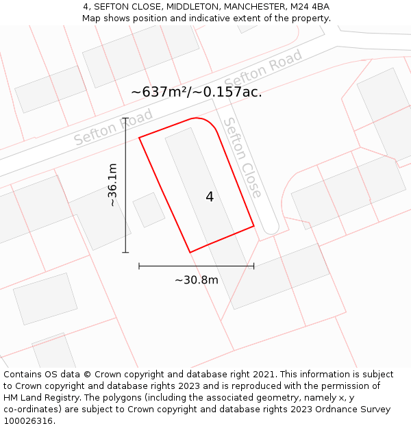 4, SEFTON CLOSE, MIDDLETON, MANCHESTER, M24 4BA: Plot and title map