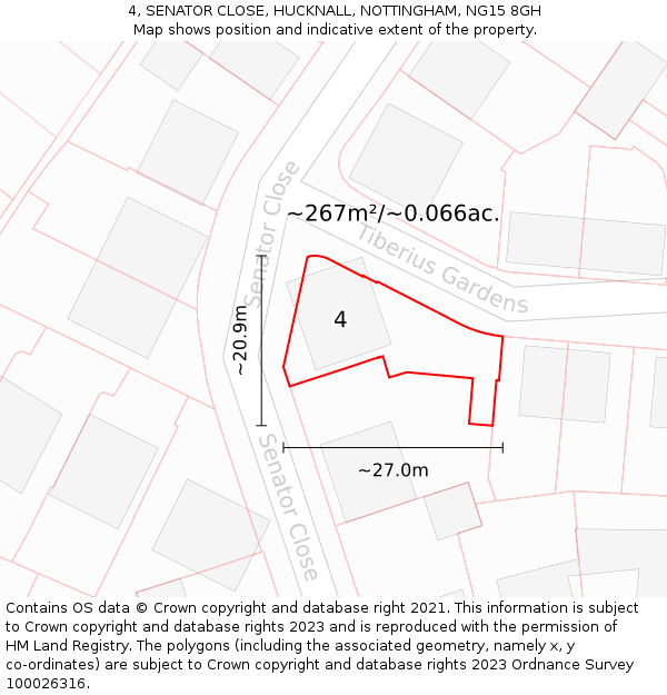 4, SENATOR CLOSE, HUCKNALL, NOTTINGHAM, NG15 8GH: Plot and title map
