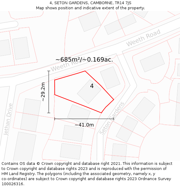 4, SETON GARDENS, CAMBORNE, TR14 7JS: Plot and title map