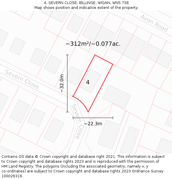 4, SEVERN CLOSE, BILLINGE, WIGAN, WN5 7SE: Plot and title map