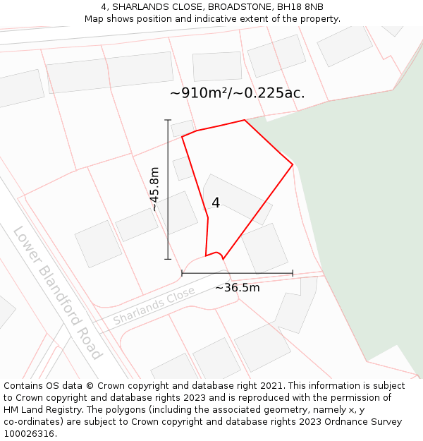 4, SHARLANDS CLOSE, BROADSTONE, BH18 8NB: Plot and title map
