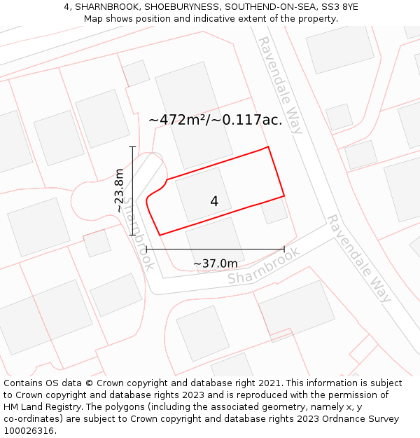 4, SHARNBROOK, SHOEBURYNESS, SOUTHEND-ON-SEA, SS3 8YE: Plot and title map