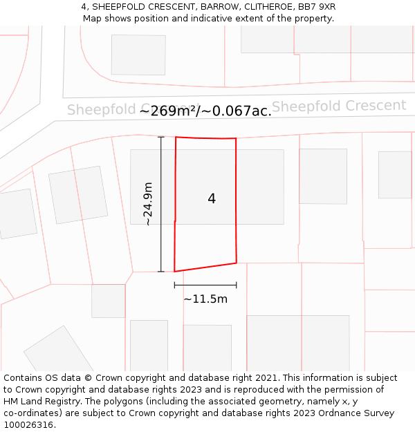 4, SHEEPFOLD CRESCENT, BARROW, CLITHEROE, BB7 9XR: Plot and title map