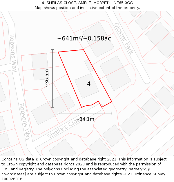 4, SHEILAS CLOSE, AMBLE, MORPETH, NE65 0GG: Plot and title map