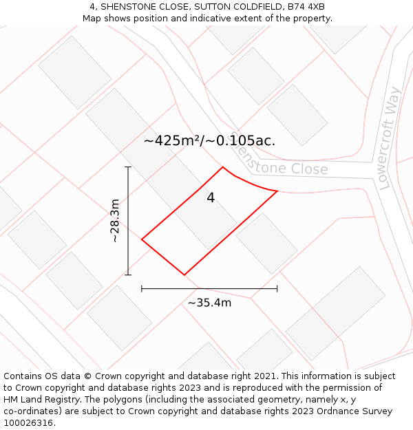 4, SHENSTONE CLOSE, SUTTON COLDFIELD, B74 4XB: Plot and title map
