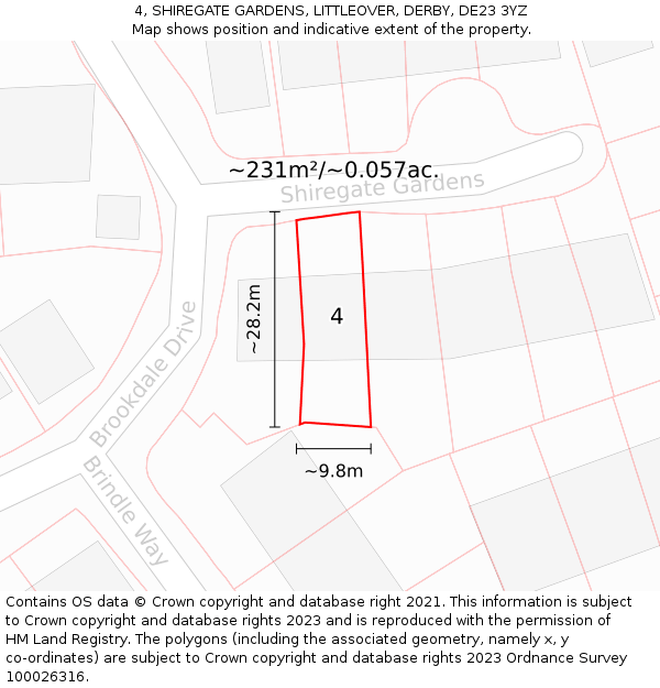 4, SHIREGATE GARDENS, LITTLEOVER, DERBY, DE23 3YZ: Plot and title map