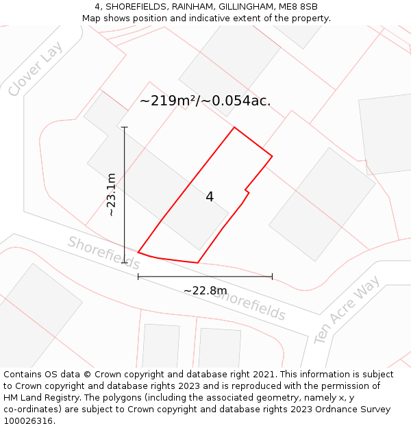 4, SHOREFIELDS, RAINHAM, GILLINGHAM, ME8 8SB: Plot and title map