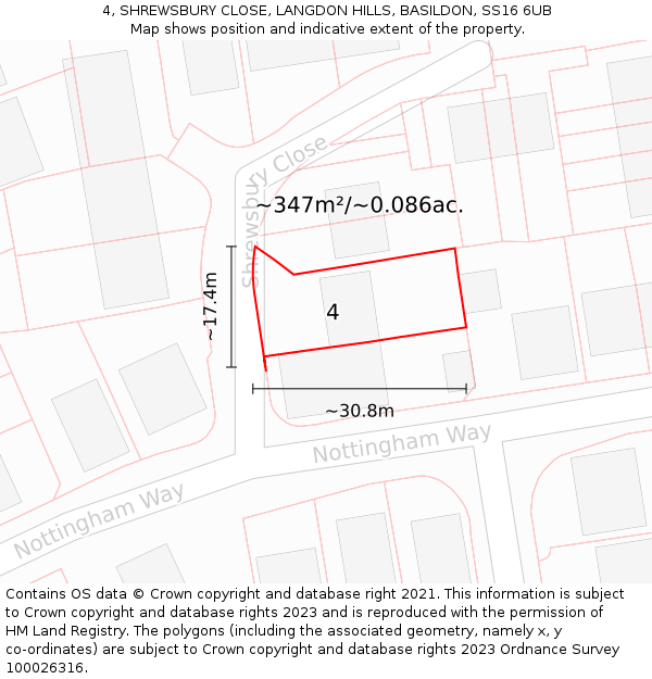 4, SHREWSBURY CLOSE, LANGDON HILLS, BASILDON, SS16 6UB: Plot and title map